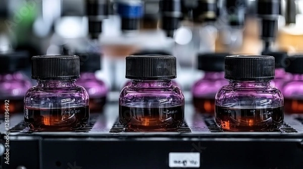 Obraz Closeup of Dark Purple Liquid in Small Bottles on Conveyor Belt