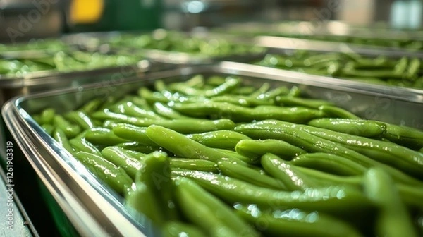 Fototapeta Industrial-style presentation of opened canned green beans, sharp textures in vibrant green hues, immersed in glossy liquid, natural light