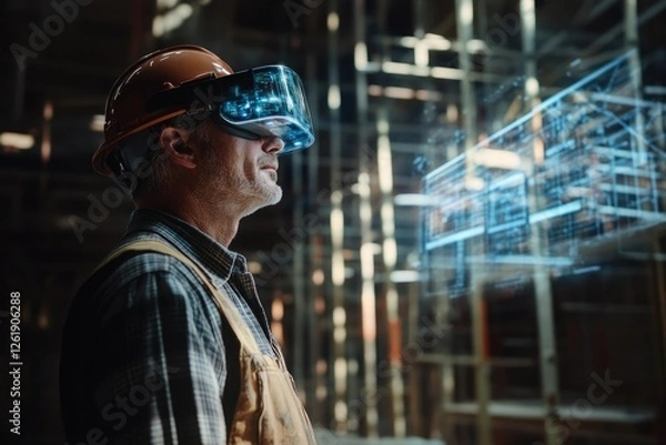 Fototapeta Construction worker uses AR/VR glasses to visualize a building's blueprint in a real-world setting.