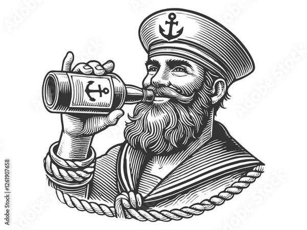 Fototapeta Bearded Sailor Drinking engraving vector