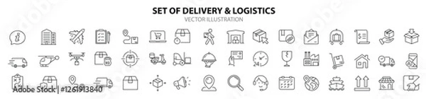 Fototapeta Delivery and Logistic set of web icons in line style. Shipping service icons for web and mobile app. Shipping, logistics, delivery, courier, tracking, refunds and more. Vector illustration
