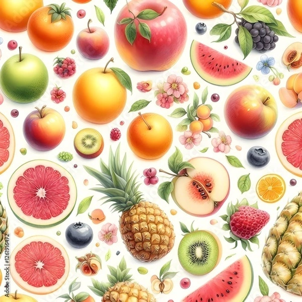 Obraz 여러 종류의 과일 그림이 그려져 있는 패턴, 수채화, jpeg (a pattern with various kinds of fruit drawings, water colour, jpeg)