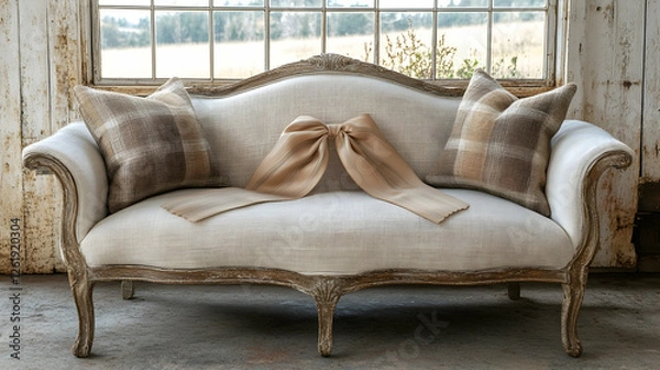 Fototapeta Rustic sofa with pillows, farmhouse window view, home decor