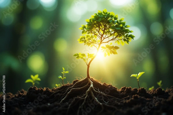 Fototapeta Young plant growing with sun light.concept ecology