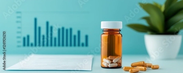 Fototapeta A clear bottle of pills sits beside a document and a plant, with a background showing a bar graph, symbolizing health and data analysis.