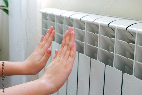 Obraz A child warms her hands near the radiator at home
