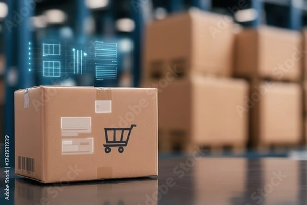Fototapeta E-commerce logistics concept. A cardboard box with a shopping cart icon sits in a warehouse, surrounded by stacked boxes, symbolizing e-commerce and inventory management.