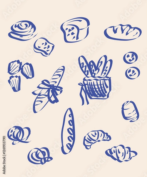 Fototapeta Vector bread set and rolls graphics are simple linear. A simple illustration of bread and rolls