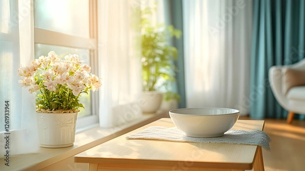 Fototapeta Sunny morning, flowers, bowl on table, living room, home decor