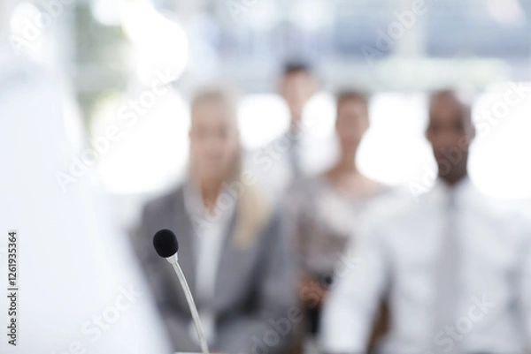 Fototapeta Person, business people and microphone for speech, public speaking or announcement in conference. Professional, host and presenter on podium in seminar for press information, news update or event