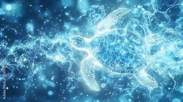 Fototapeta Luminous Sea Turtle Abstract Digital Art of Aquatic Life Ocean Wildlife and Water Texture