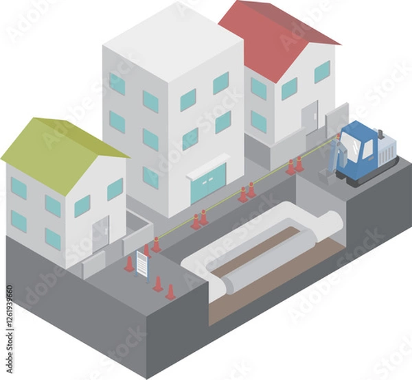 Fototapeta アイソメトリックな住宅街の水道交換工事を行っているイメージ素材