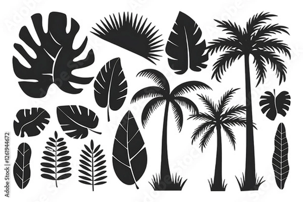 Fototapeta Black Silhouettes of Tropical Leaves, Palms & Trees – High-Quality PNG
