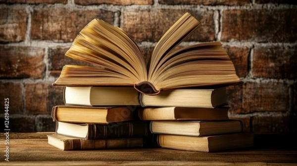 Fototapeta Open book, hardback books on wooden table. Back to school. Copy space