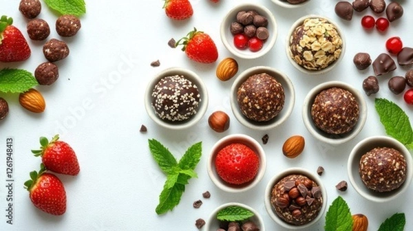 Fototapeta an aerial view of energy balls with nuts, chocolate, and fruits in small bowls on a white concrete table.