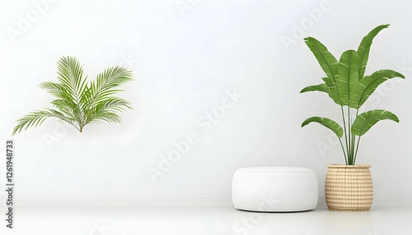 Fototapeta Minimalist interior with plants and pouf. Background is white wall in a room. Generative AI