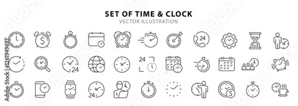 Fototapeta Time and Clock set of web icons in line style. Time management. Timer, Speed, Date, Countdown, Alarm, Recovery, Time, clock, watch, calendar simple icons for web and mobile app. Vector illustration