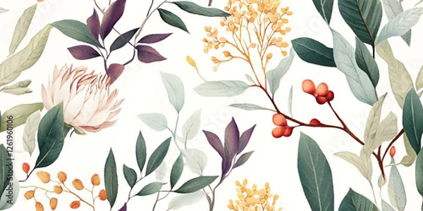 Obraz Australian flowers vector seamless repeating pattern of eucalyptus, proteas wattles leaves on a white background, Botanical print with soft pastel colors