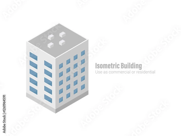 Obraz Isometric commercial and residential building. Modern architecture. Smart isometric building game assets. Business center building 3d render illustration with windows. Simple icon white colors.