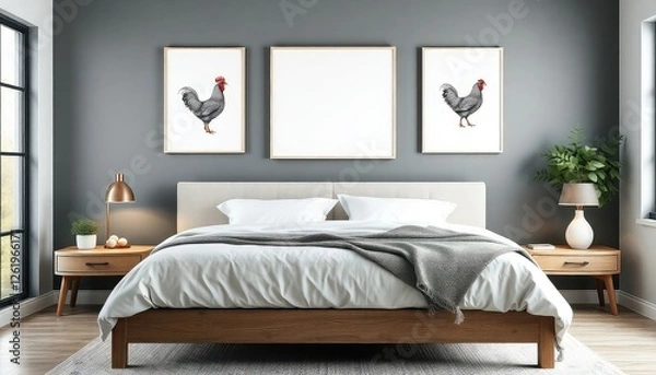 Fototapeta Modern farmhouse master bedroom with chicken prints and a blank white a4 frames mockup hanging on the wall.