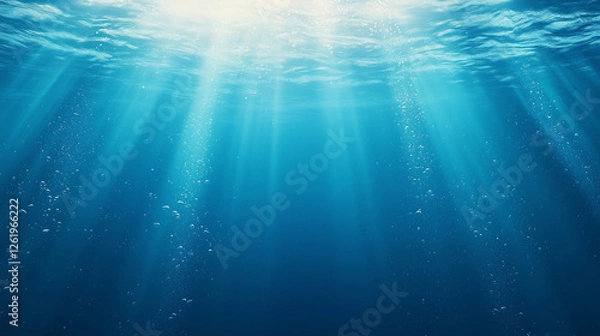Fototapeta Ocean Depths Sunlight Beams:  Sunbeams pierce the deep blue ocean, illuminating particles and creating a mystical underwater scene.