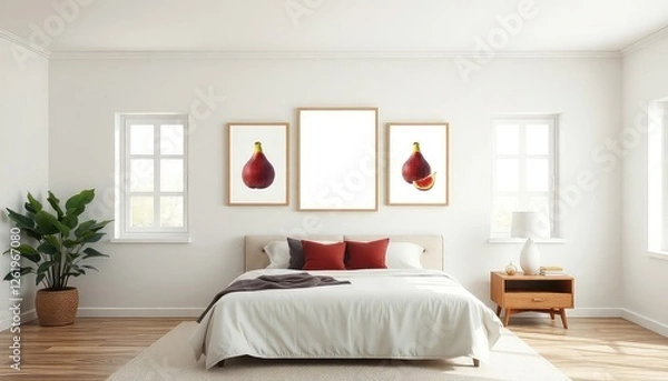 Fototapeta Mediterranean master bedroom with fig prints and a blank white a4 frames mockup hanging on the wall.