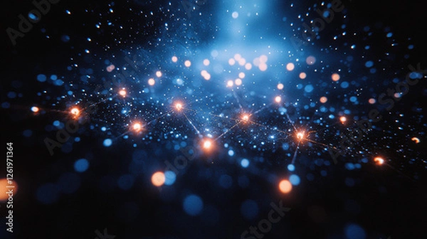 Fototapeta mesmerizing view of molecular structures in cosmic setting, showcasing vibrant blue and orange particles interconnected in network. image evokes sense of wonder and exploration in nanotechnology