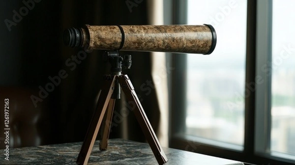 Obraz Vintage Wooden Telescope on Tripod Near Window