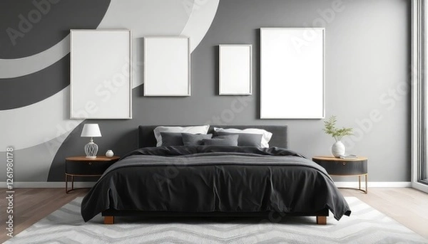 Fototapeta Dynamic master bedroom with geometric spirals and a blank white a4 frames mockup hanging on the wall.