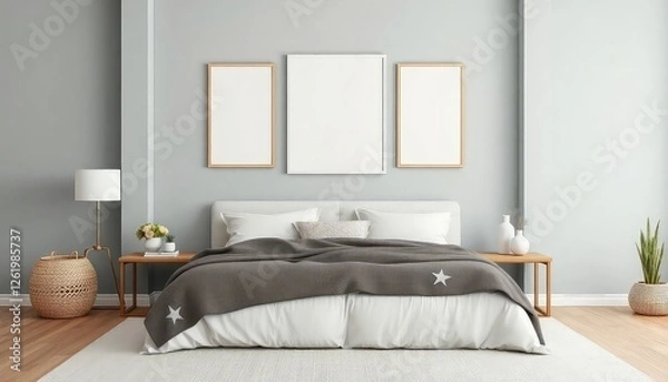 Fototapeta Coastal master bedroom with beach themes and a blank white a4 frames mockup hanging on the wall.
