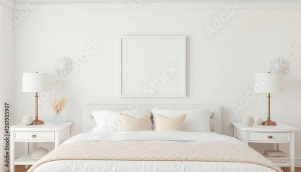 Obraz Coastal chic master bedroom with seashell motifs and a blank white a4 frames mockup hanging on the wall.