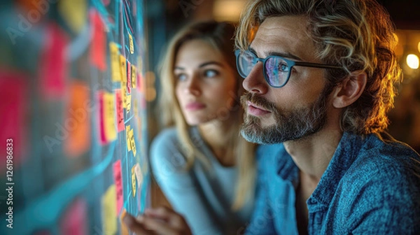Fototapeta Focused colleagues brainstorming ideas on a sticky note wall