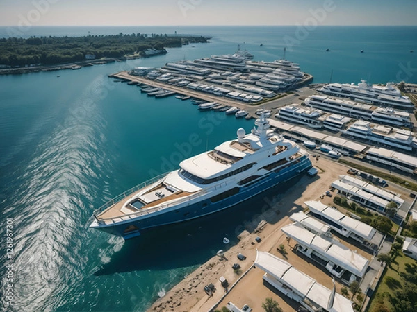 Fototapeta Luxury Yacht Harbor: An aerial view captures the sheer grandeur of a sleek, modern yacht docked in a bustling harbor filled with other luxury vessels. The azure waters shimmer under the radiant sun.
