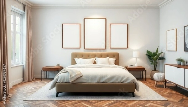 Fototapeta Chic master bedroom with herringbone patterns and a blank white a4 frames mockup hanging on the wall.