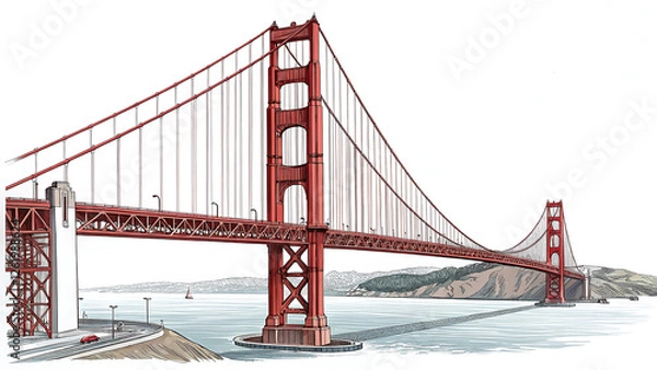 Fototapeta Golden Gate Bridge Landmark Architectural Illustration Isolated on a white Background