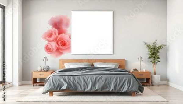 Obraz Artistic master bedroom with watercolor effects and a blank white a4 frames mockup hanging on the wall.