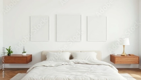 Fototapeta Tranquil master bedroom with serene lakes and a blank white a4 frames mockup hanging on the wall.