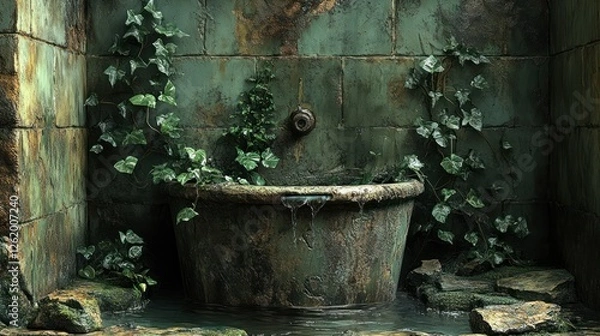 Fototapeta Overgrown stone tub leaks water in ruin; fantasy setting