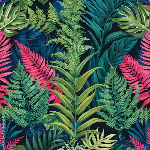 Fototapeta beautiful vibrant A botanical pattern with ferns and tropical leaves