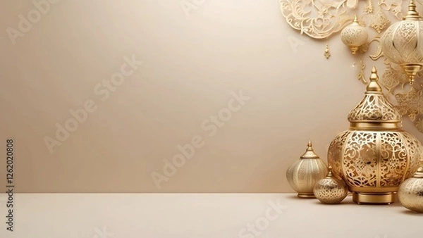 Fototapeta Ramadan banner with empty space Without Text, Ivory Luxury background, holiday banner poster background for advertisement ads