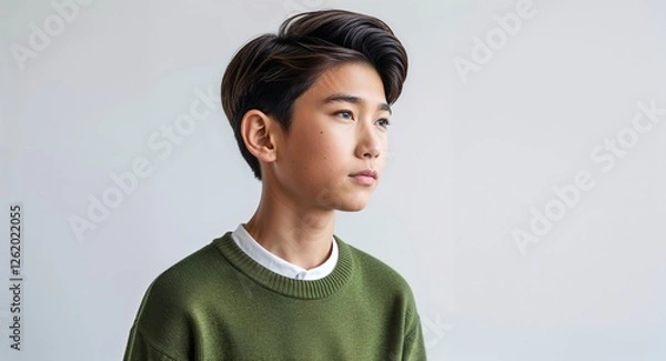 Fototapeta Caucasian boy olive green sweater young teen side view portrait on plain white background