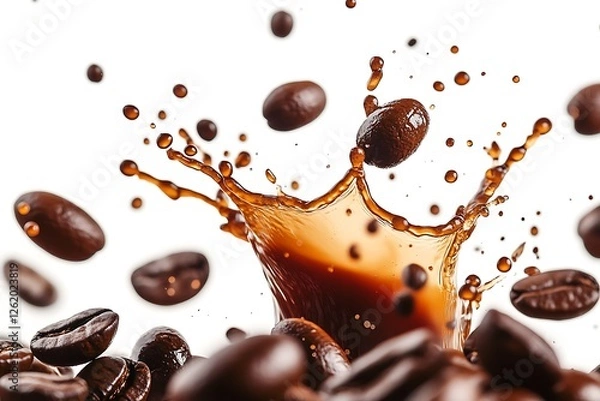 Fototapeta Coffee beans splashing into coffee, with droplets suspended in mid-motion, ultra-clear HD shot with a white background highlighting the burst.