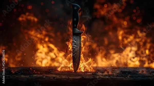 Fototapeta photo of a knife on a wooden  table with flames the background