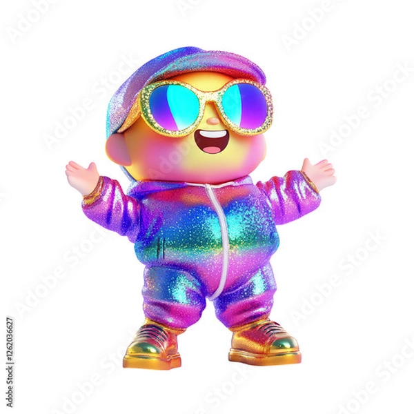 Fototapeta Colorful Cartoon Character in Shiny Outfit with Sunglasses, isolated on transparent background.