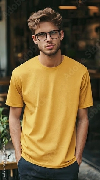 Obraz A man wearing gold color t shirt mockup; with glasses; at the cafe; front view