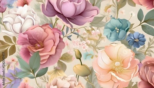 Fototapeta seamless pattern with flowers in colorful pastel beige background. Seamless floral pattern with vector illustration.