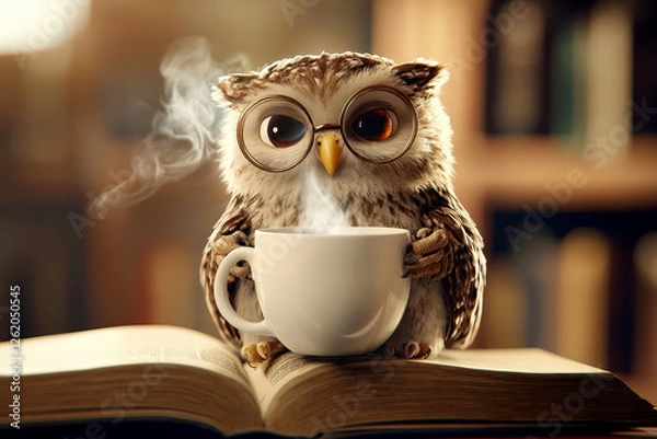 Fototapeta A wise owl wearing glasses with coffee and sitting on an open book background, symbolizing knowledge and wisdom.