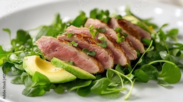 Fototapeta Seared tuna slices on a bed of greens and avocado.