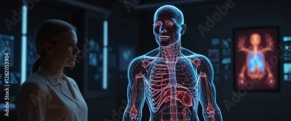 Fototapeta The Future of Healthcare: A female scientist examines a holographic projection of a human body, highlighting anatomical details in a futuristic medical environment.