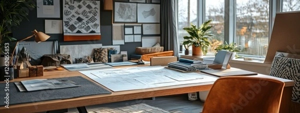 Fototapeta Modern Design Studio Workspace Architect s Desk with Plans Samples